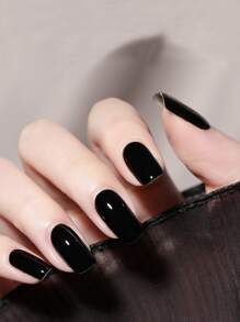 24入組黑色光澤亮面長方形時尚全套假指甲套裝，壓花假指甲膠片，美甲用品升級你的造型 - 黑色 - 查看 1