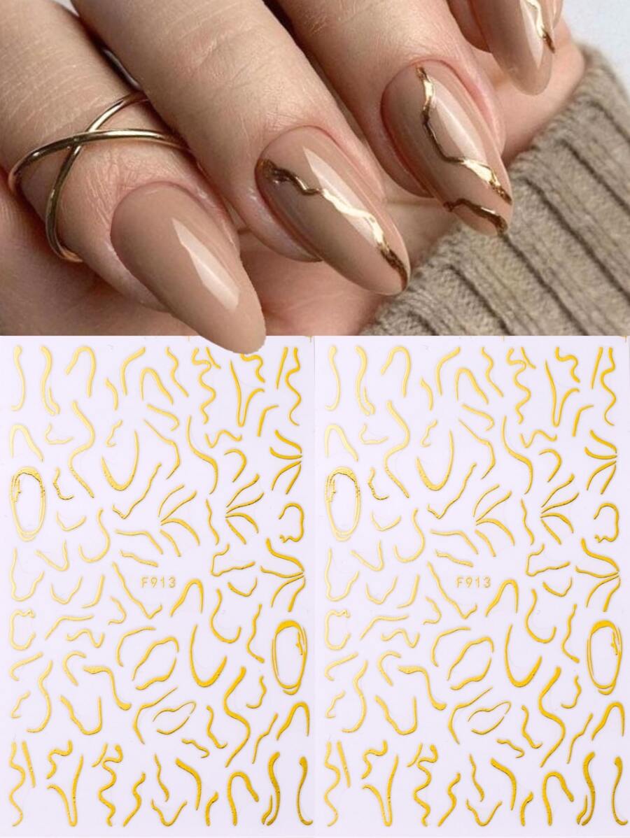 2pcs Gold Color Lines Nail Stickers Elegant Nail Art Decals Romance DIY for Women Nail Art Decoration - Gold - View 1