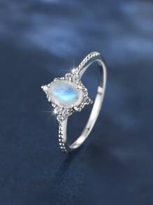 1入組精美公主風925純銀四爪橢圓形月長石戒指適合女士,約會/生日禮品,訂婚/婚禮戒指,時尚配件 - 銀色 - 查看 7