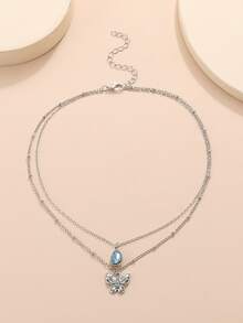 1pc Minimalist Style Double-layered Chain Blue Crystal Rhinestone Teardrop & Butterfly Pendant Collarbone Chain For Women - Silver - View 4