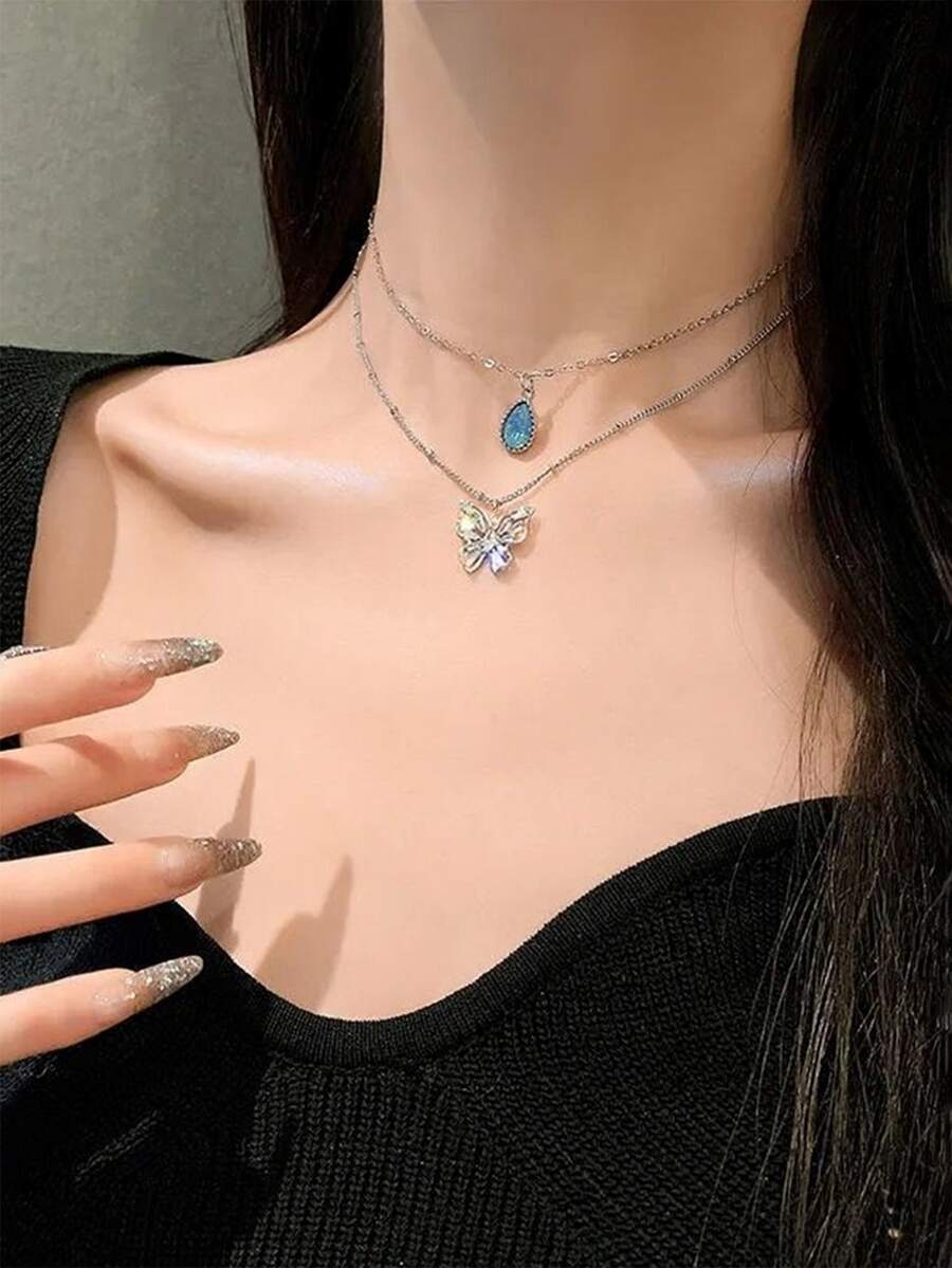 1pc Minimalist Style Double-layered Chain Blue Crystal Rhinestone Teardrop & Butterfly Pendant Collarbone Chain For Women - Silver - View 1