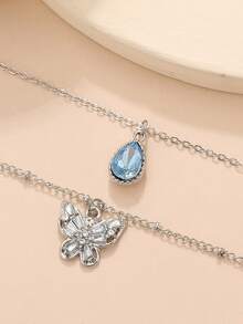 1pc Minimalist Style Double-layered Chain Blue Crystal Rhinestone Teardrop & Butterfly Pendant Collarbone Chain For Women - Silver - View 5