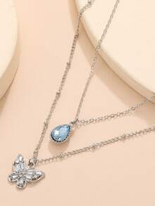 1pc Minimalist Style Double-layered Chain Blue Crystal Rhinestone Teardrop & Butterfly Pendant Collarbone Chain For Women - Silver - View 2