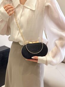 時尚迷你閃爍金屬鏈閃亮/閃亮便攜式金色女士晚禮服包，精美的婚禮斜跨手提袋 - 黑色 - 查看 2
