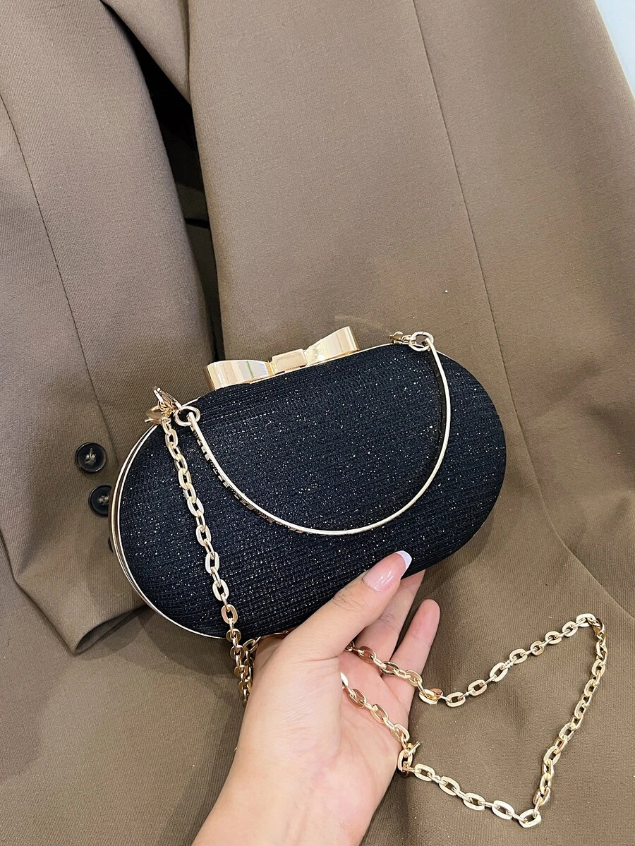 時尚迷你閃爍金屬鏈閃亮/閃亮便攜式金色女士晚禮服包，精美的婚禮斜跨手提袋 - 黑色 - 查看 1
