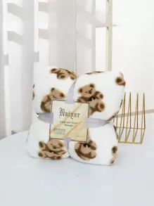 1入組熊形狀雙面法蘭絨長款長毛絨毯子,素色小憩毯子,雙層 - 彩色 - 查看 1