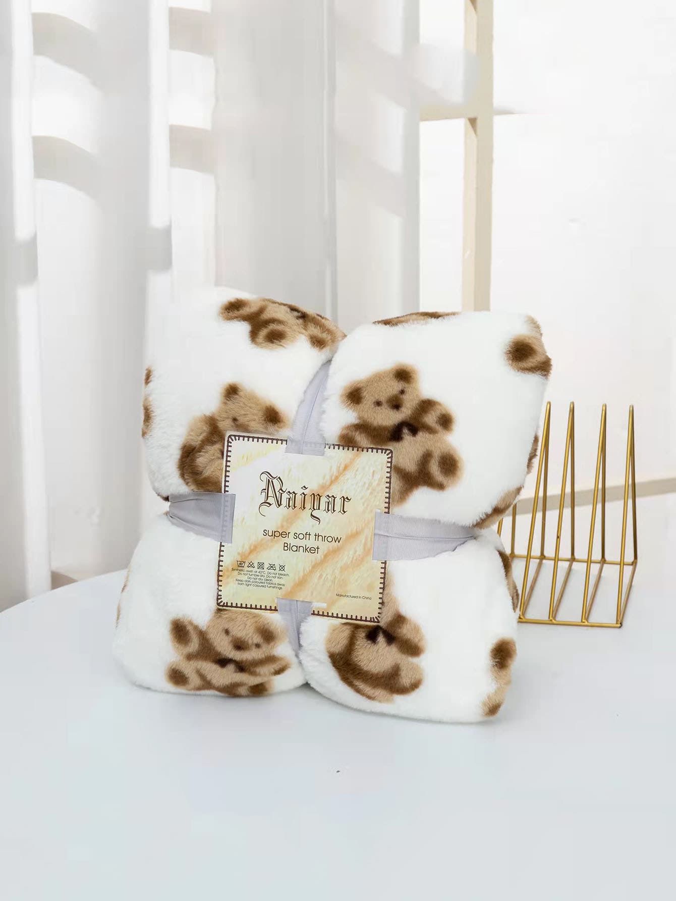 1入組熊形狀雙面法蘭絨長款長毛絨毯子,素色小憩毯子,雙層 - 彩色 - 查看 1