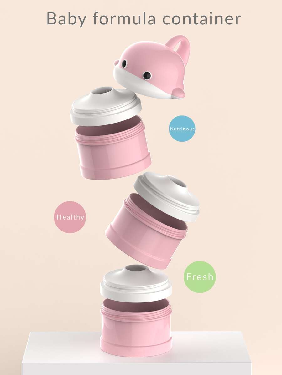 Cartoon Dolphin Portable Baby Milk Powder Container, Sealed Moisture-Proof Food Storage Box With Compartments For Outdoor Use - Pink - View 1