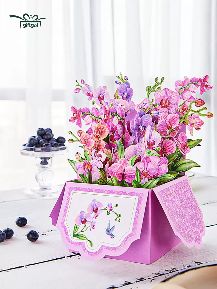 1pc Flower Pattern Greeting Card Orchids Flower Card For Mother's Day, Spring, Thanksgiving, Birthday,Wedding Gift,Valentine's Day,Christmas - Purple - View 1