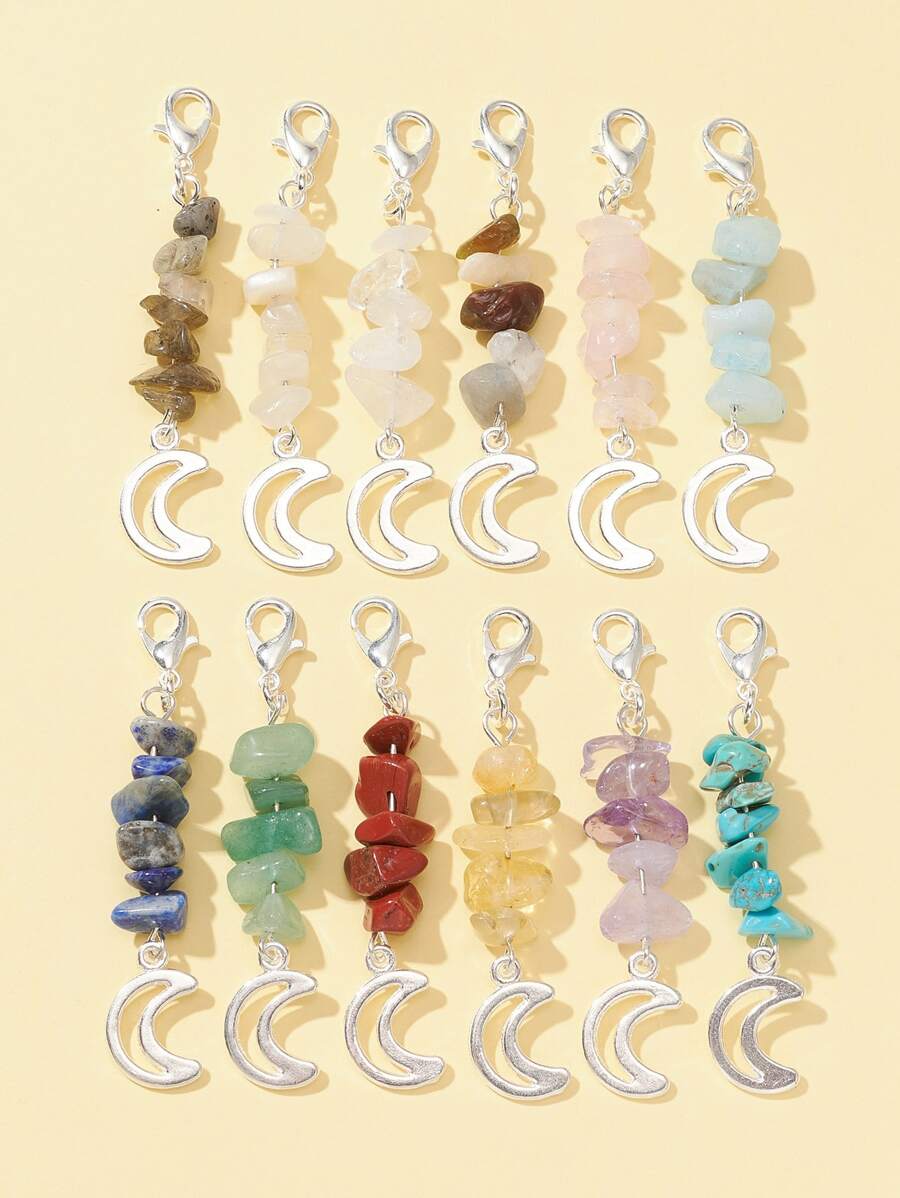 12Pcs Gemstone Chips Pendant Decoration, With Zinc Alloy Moon - Multicolor - View 1