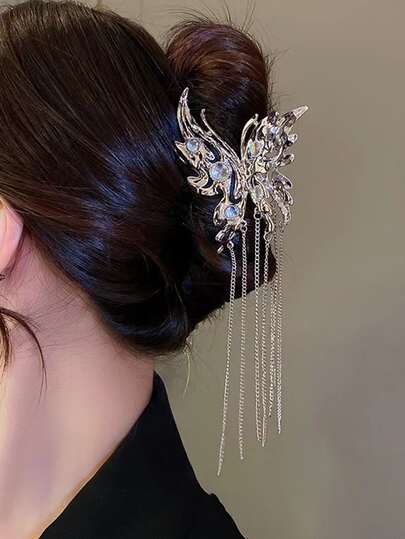 1pc Retro Moonstone Butterfly Tassel Hair Clip, Vintage Metal Hair Claw For Updo Holiday Essential Hair Accessories