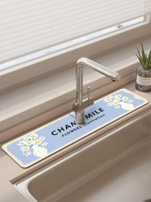 1入組現代簡約風格手繪藍色背景植物和花瓶，字母印花矽膠防滑水龍頭滴水墊，兼容不同水龍頭，適合浴室、廚房 - 彩色 - 查看 1