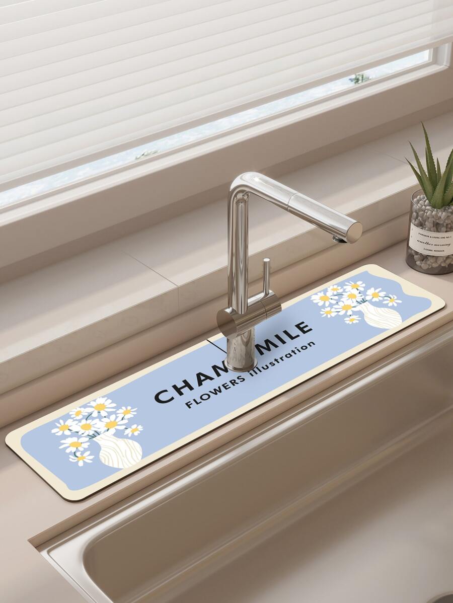 1入組現代簡約風格手繪藍色背景植物和花瓶，字母印花矽膠防滑水龍頭滴水墊，兼容不同水龍頭，適合浴室、廚房 - 彩色 - 查看 1