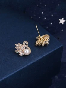 Cubic Zirconia Swan Stud Earrings - Gold - View 2