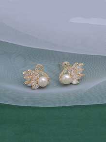 Cubic Zirconia Swan Stud Earrings - Gold - View 4
