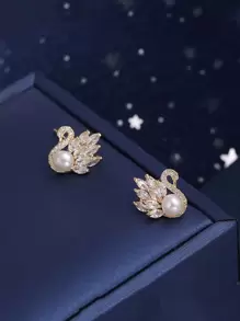 Cubic Zirconia Swan Stud Earrings - Gold - View 5