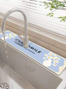 1入組現代簡約風格手繪藍色背景植物和花瓶，字母印花矽膠防滑水龍頭滴水墊，兼容不同水龍頭，適合浴室、廚房 - 彩色 - 查看 2