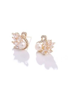 Cubic Zirconia Swan Stud Earrings - Gold - View 6