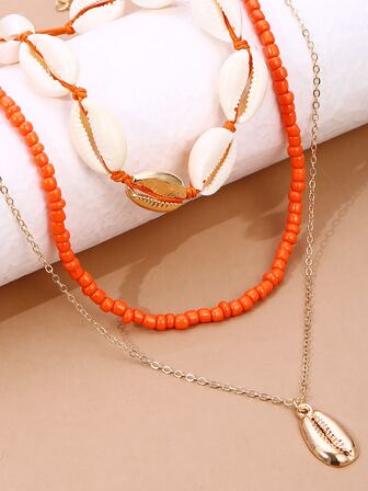 3入組米珠子貝殼吊墜項鍊適合女士波西米亞風復古女士時尚夏天哥特式首飾類