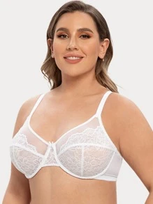 Plus Minimizer Floral Lace Underwire Bra - White - View 4