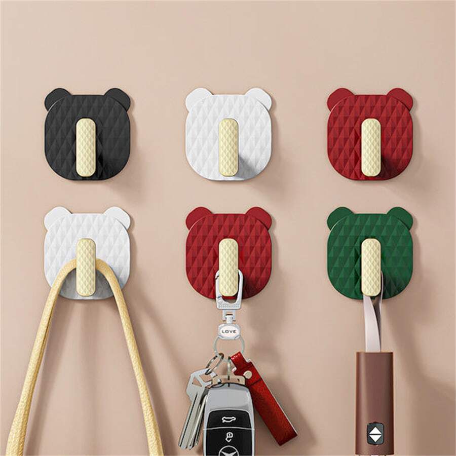 4入組熊形自粘塑料掛鉤、牆壁裝飾衣服掛鉤、鑰匙、錢包