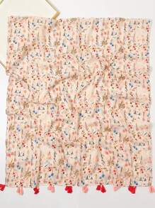 Floral Print Tassel Decor Scarf - Multicolor - View 4