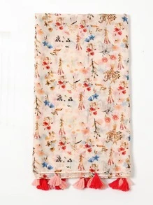 Floral Print Tassel Decor Scarf - Multicolor - View 2