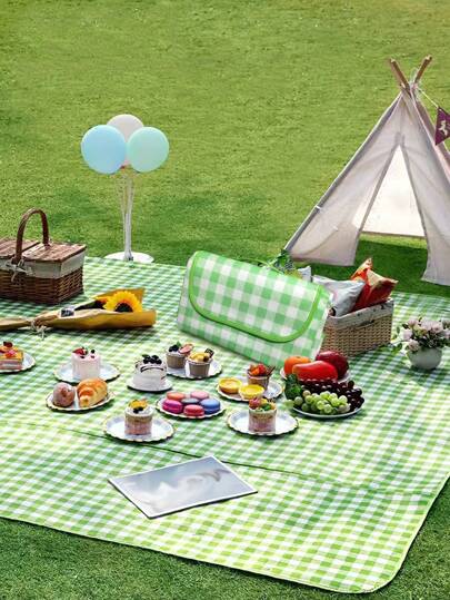 便攜可折疊戶外野餐墊防水野營墊厚草地地面地墊帶格紋圖案和防潮功能