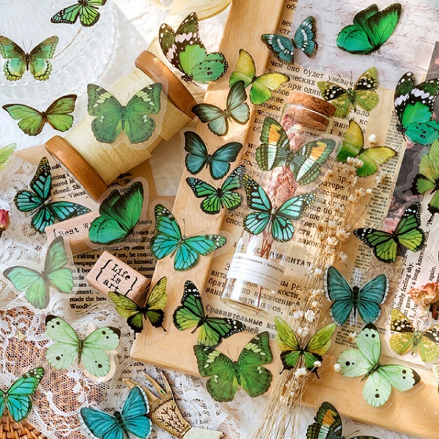 CANDY POETRY 1 Pack 40pcs Multicolor Butterfly Shaped PET Sticker Decor For Mobile Phone, Laptop, Computer, Scrapbook, Diary, Notebook, School & Office Supplies,School Supplies,Back To School Stickers Scrapbook Supplies Funny Stickers Laptop Stickers Kindle Phone Stickers - Green - View 1