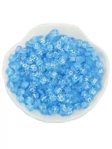 100pcs/pack Acrylic Semitransparent Flat Round English Letter Beads In Blue For Diy Jewelry Making - Blue - View 3