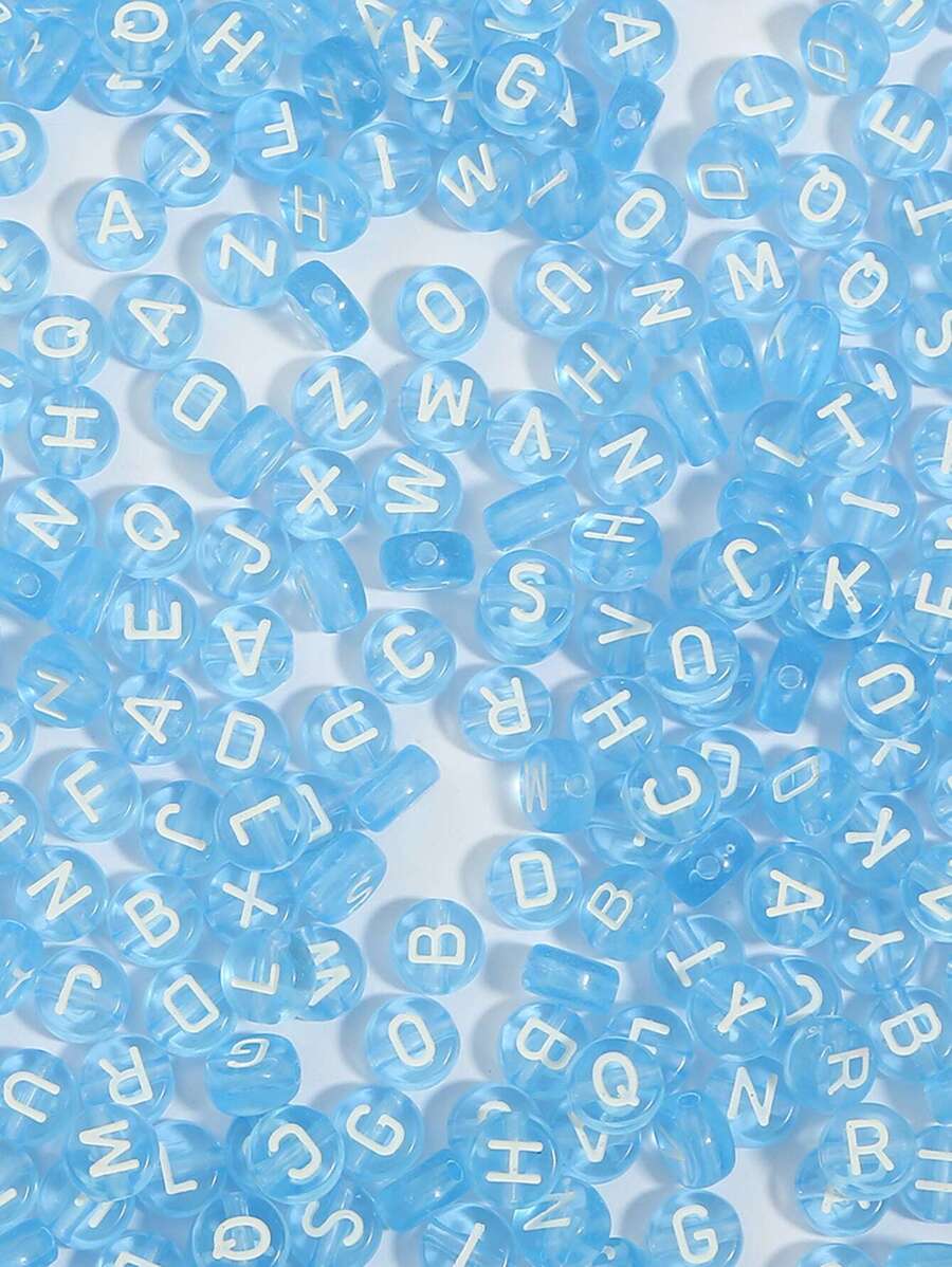 100pcs/pack Acrylic Semitransparent Flat Round English Letter Beads In Blue For Diy Jewelry Making - Blue - View 1