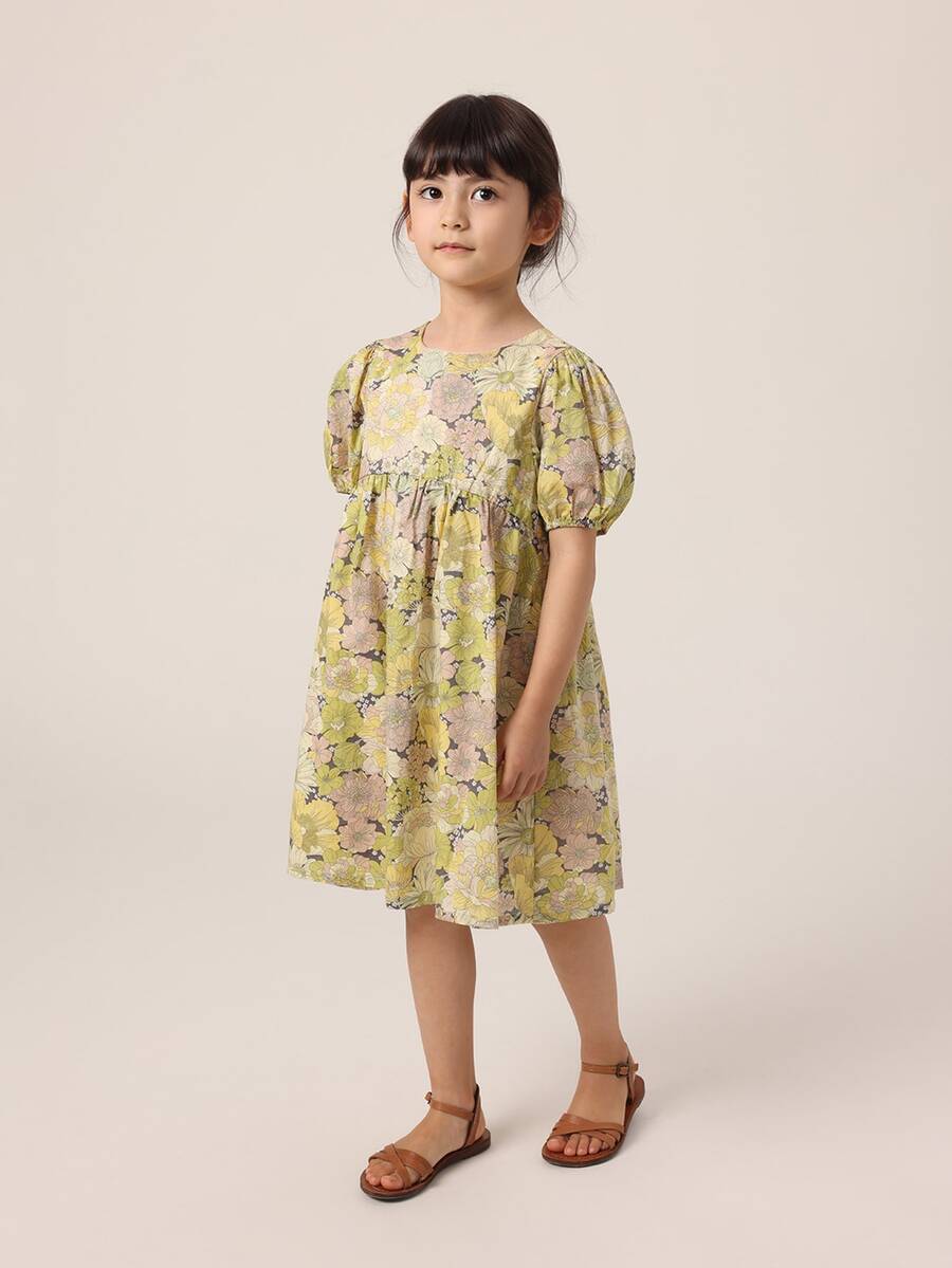 小女童印花泡泡袖娃娃裙 - 彩色 - 查看 1