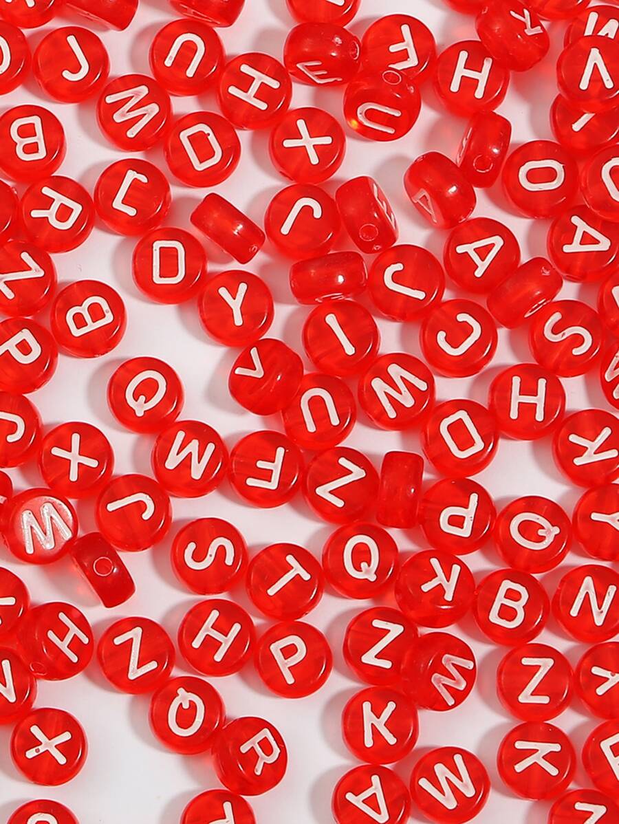 100pcs Red Acrylic Transparent Flat Round Alphabet Letter Bead For Diy Jewelry Making, Necklace Bracelet - Red - View 1