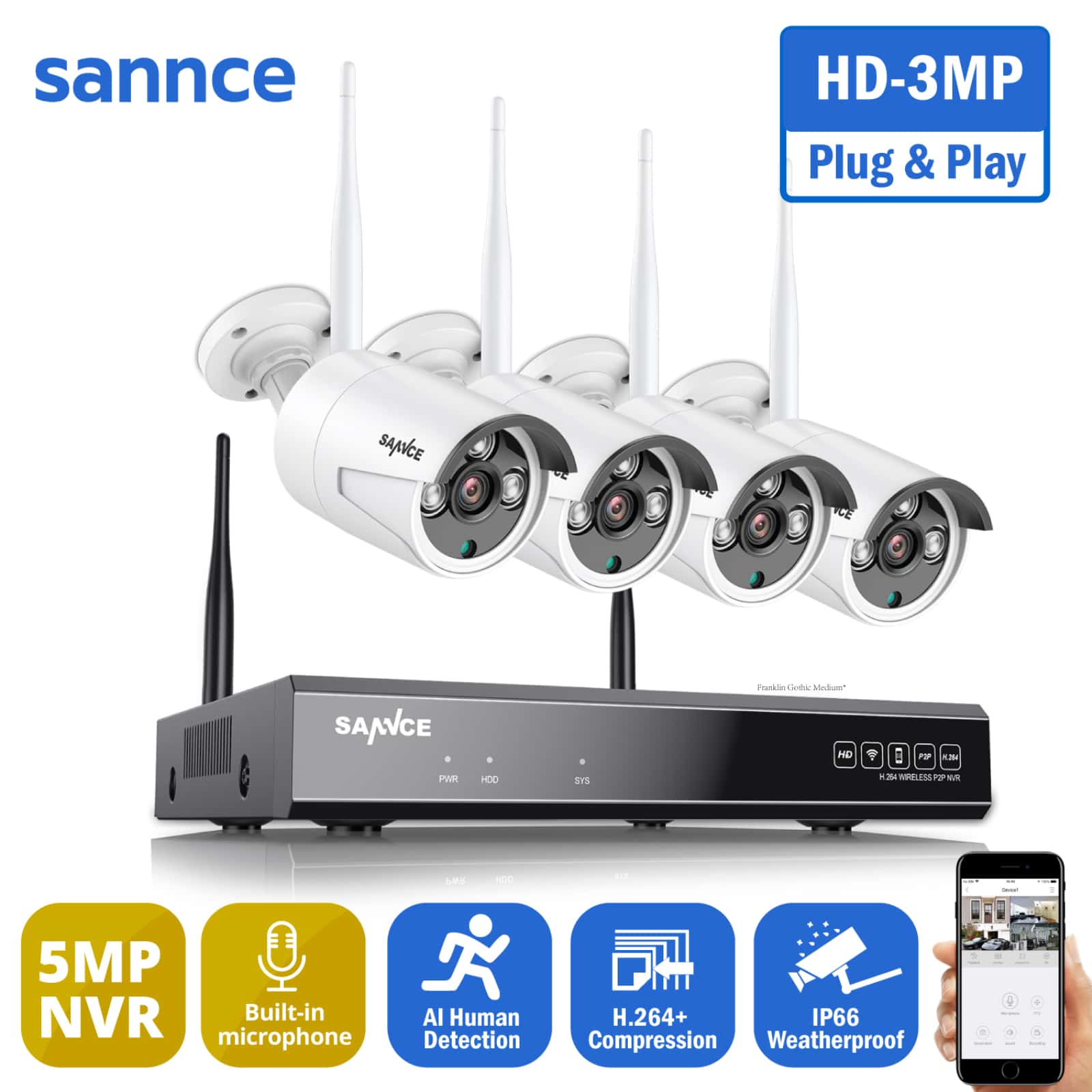 SANNCE 8CH Wireless NVR CCTV System 3MP IP Camera WIFI Audio Recording IR Night Vison CCTV Home Security Camera Surveillance Kit With NO Hard Drive Disk/1T /2T Hard Drive Disk. - SU-N48WHE0-V1-74GL-P-OP - View 1