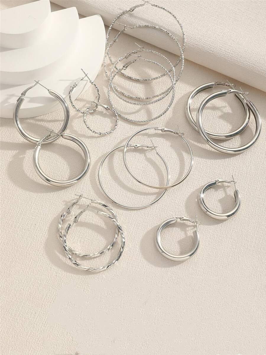 Bộ bông tai nữ thiết kế hình tròn kim loại 8 cặp - Bạc - Xem 1