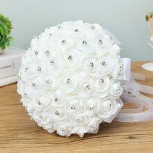 1 pieza Ramo de novia con decoración de cristales y rosas artificiales blancas para fotografía de boda, con mango de cristal, cada flor con un cristal como accesorio del Día de San Valentín - Blanco - Ver 2