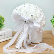 1 pieza Ramo de novia con decoración de cristales y rosas artificiales blancas para fotografía de boda, con mango de cristal, cada flor con un cristal como accesorio del Día de San Valentín - Blanco - Ver 3