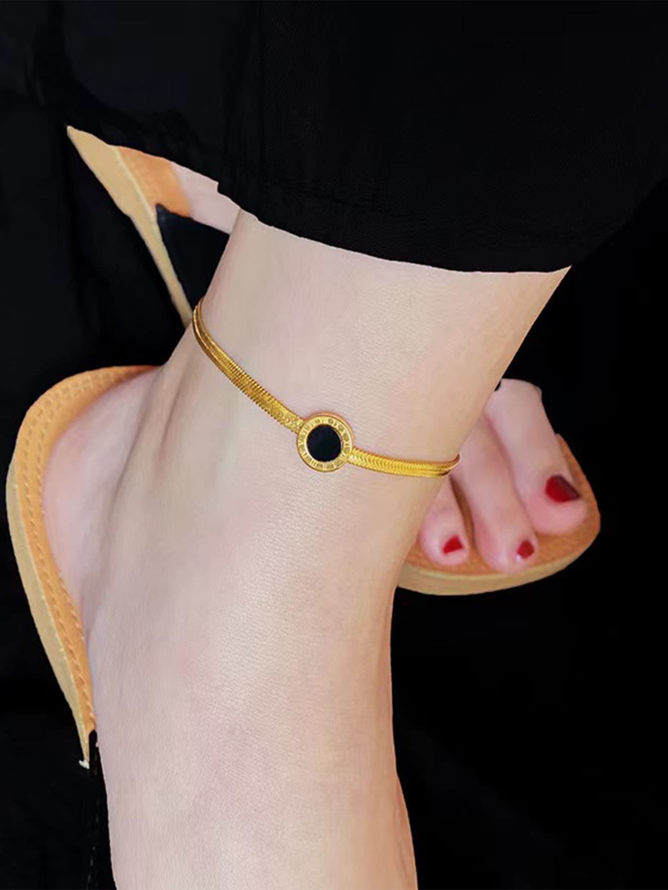 Roman Numeral & Round Plate & Snake Chain Design Stainless Steel Bracelet Or Ankle Chain, Popular In Japan And South Korea