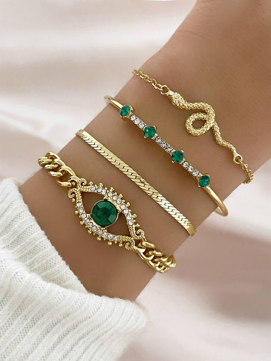 nuevo vintage en forma de serpiente cruzado Pulsera con con diamante de imitación ojo detalle , creativo con diamante de imitación & piedra preciosa embutido abierto Pulsera abierta Set , retro lujoso Set pulsera de 4 piezas - Dorado - Ver 1