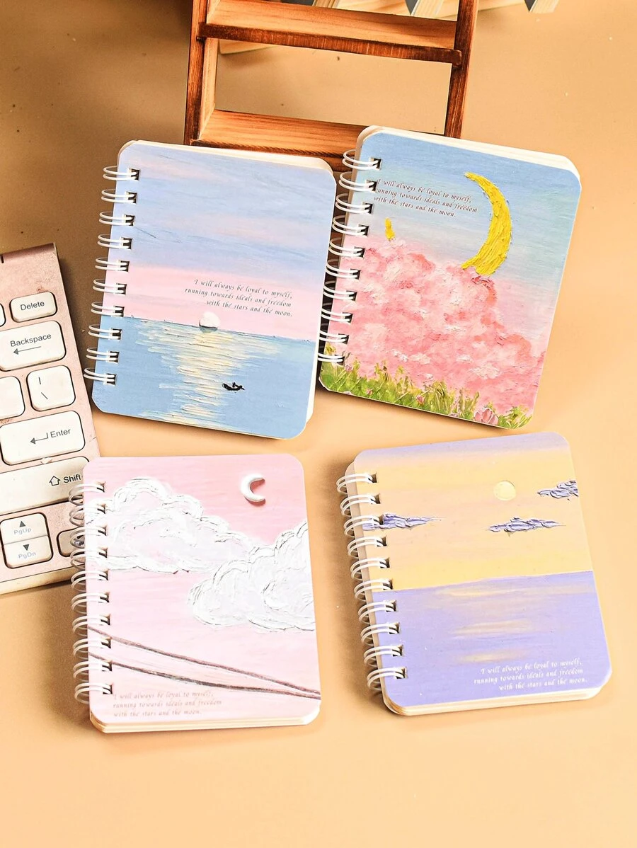 MOKA Scenic Ins Painting Cute Cartoon A7 Memo Pad Notebook, Single Random Design,School Supplies,Back To School - Multicolor - View 1