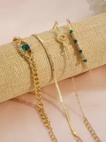 nuevo vintage en forma de serpiente cruzado Pulsera con con diamante de imitación ojo detalle , creativo con diamante de imitación & piedra preciosa embutido abierto Pulsera abierta Set , retro lujoso Set pulsera de 4 piezas - Dorado - Ver 4
