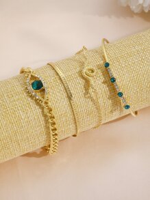 nuevo vintage en forma de serpiente cruzado Pulsera con con diamante de imitación ojo detalle , creativo con diamante de imitación & piedra preciosa embutido abierto Pulsera abierta Set , retro lujoso Set pulsera de 4 piezas - Dorado - Ver 2