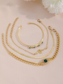 nuevo vintage en forma de serpiente cruzado Pulsera con con diamante de imitación ojo detalle , creativo con diamante de imitación & piedra preciosa embutido abierto Pulsera abierta Set , retro lujoso Set pulsera de 4 piezas - Dorado - Ver 3