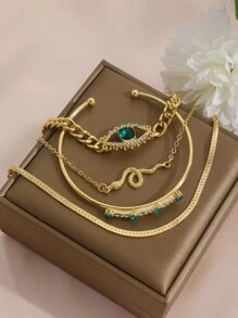 nuevo vintage en forma de serpiente cruzado Pulsera con con diamante de imitación ojo detalle , creativo con diamante de imitación & piedra preciosa embutido abierto Pulsera abierta Set , retro lujoso Set pulsera de 4 piezas - Dorado - Ver 5