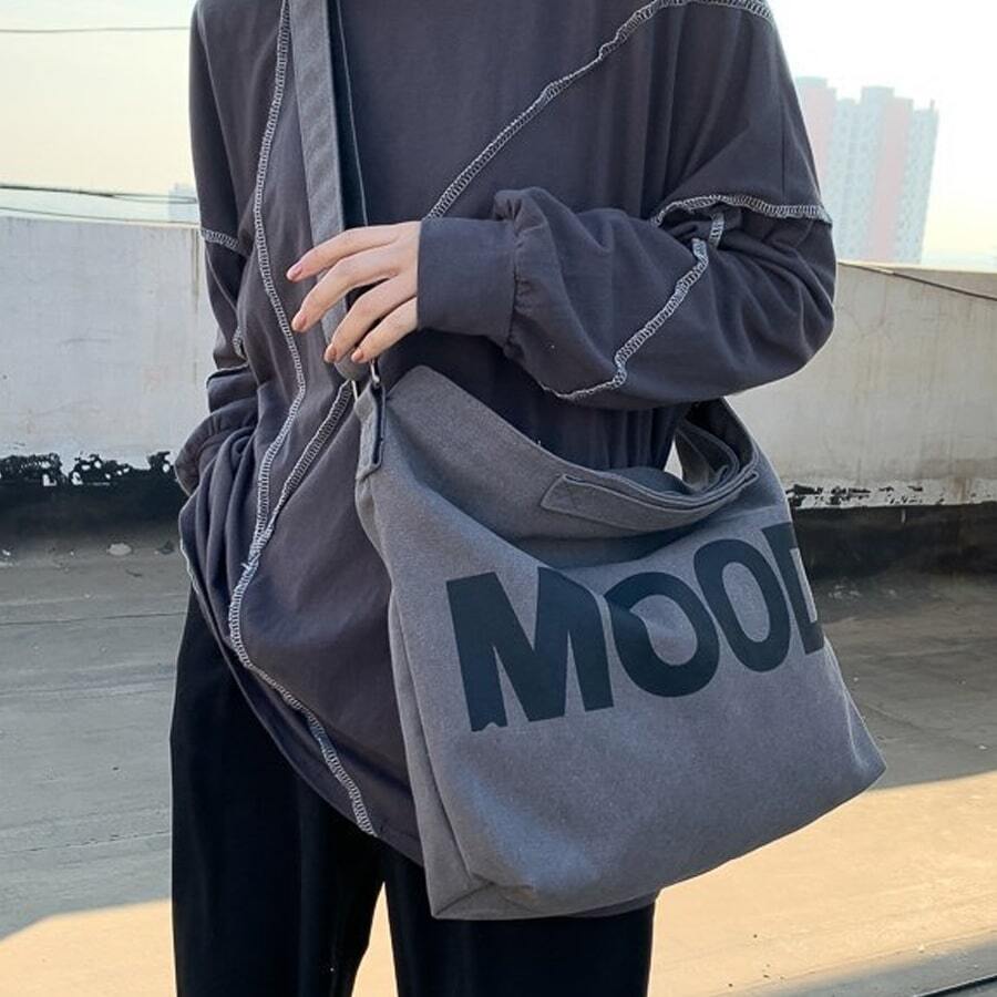 字母与纯色印花帆布 大容量 男士手提包、单肩包和斜挎包 男士单肩包 男包 斜挎包 单肩包 侧包 返校包 学生 学校用品 秋季邮差包 男士包 圆筒包 复古款 万圣节 圣诞节 - 深灰色 - 查看 1