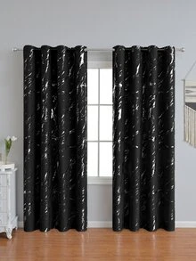 2pcs Marble Pattern Perforated Curtains Bedroom Living Room Thermal Insulation Blackout Decorative Curtains - màu đen - Xem 2