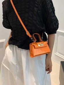 女士時尚PU皮革水潤光澤鱷魚紋單肩包,斜挎包和手提包帶扭鎖,翻蓋閉合和可調整肩帶 - 橘色 - 查看 4