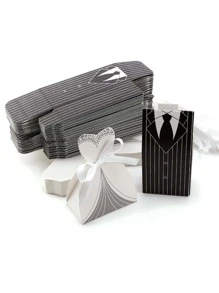 20pcs Stripe Patterned Bride & Bridegroom Dress Shaped Candy Boxes For Wedding Party Favor - Black and White - View 1