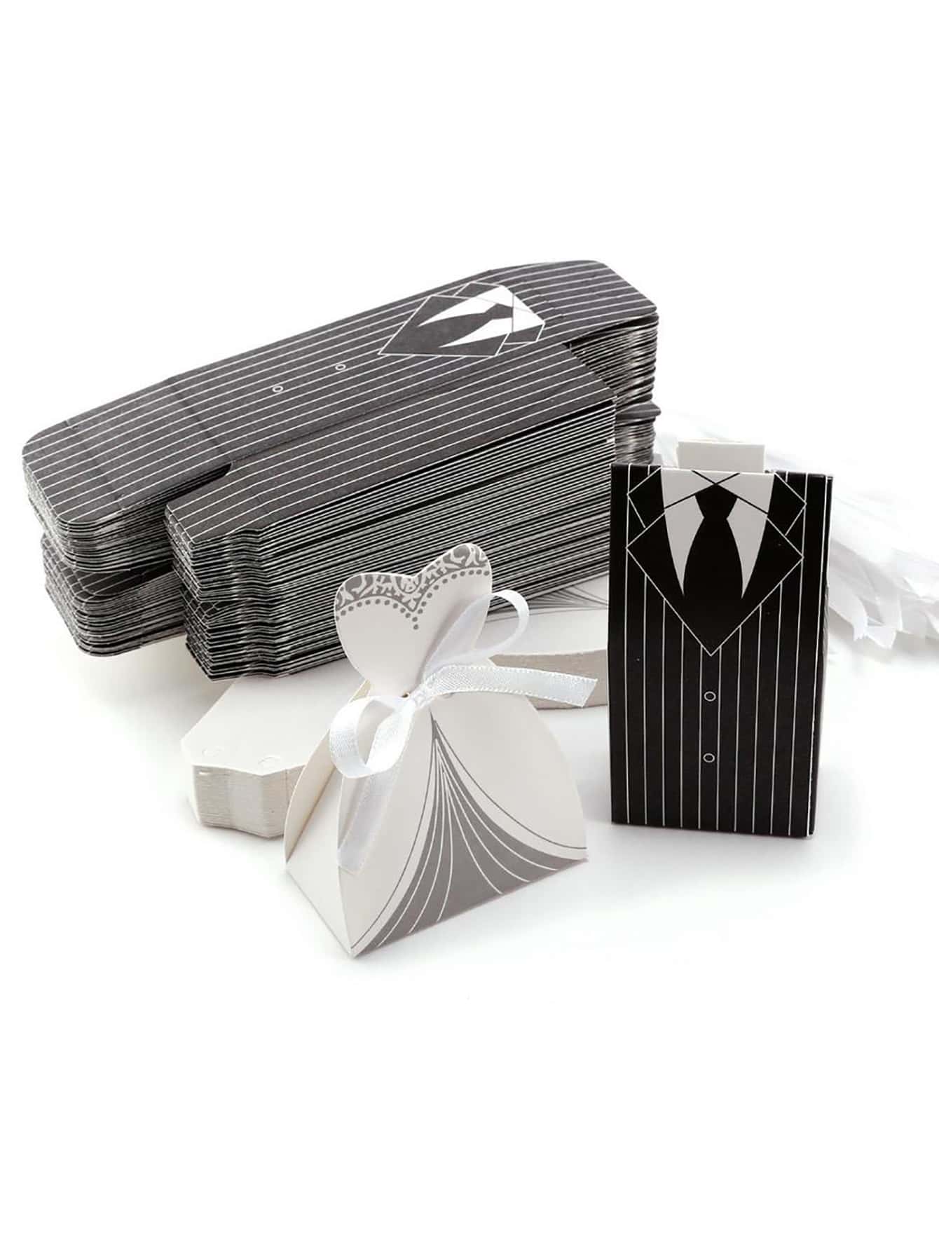 20pcs Stripe Patterned Bride & Bridegroom Dress Shaped Candy Boxes For Wedding Party Favor - Black and White - View 1