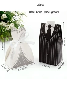 20pcs Stripe Patterned Bride & Bridegroom Dress Shaped Candy Boxes For Wedding Party Favor - Black and White - View 3